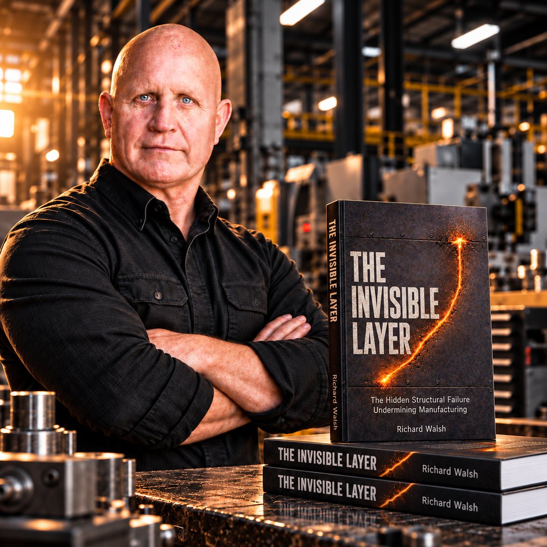 Richard Walsh on a plant floor with copies of his book The Invisible Layer